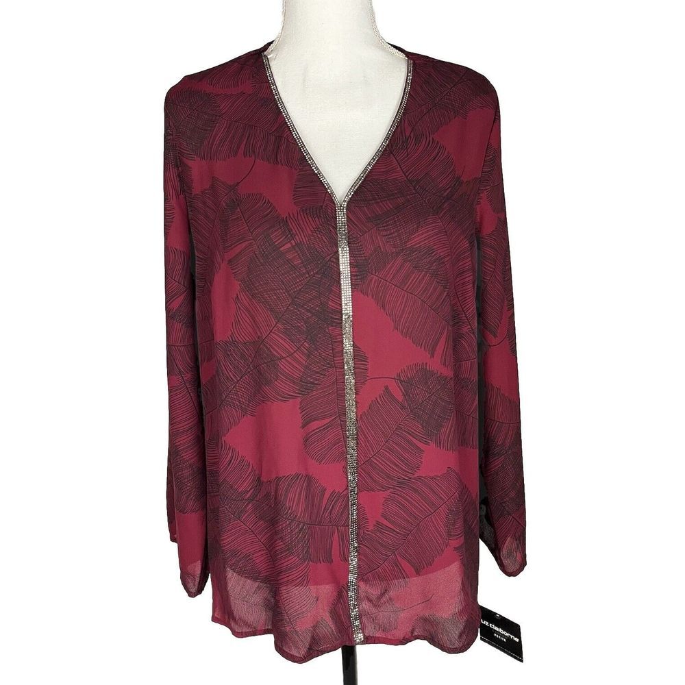New Liz Claiborne‎ Career Burgundy Red Feather Floral Beaded V-Neck Blouse PL